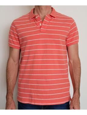 Old Navy Polo Shirt Men’s Large Coral Pink White Stripe Short Sleeve Cotton